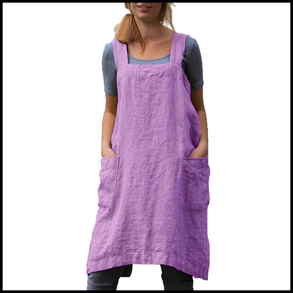 Cotton Linen Cross Back Apron Pinafore Dress Kitchen Baking Cooking Chic